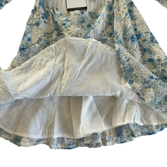 En Saison Claire Floral Blue Eyelet Open Front Long Sleeve Mini Dress Sz Medium - Picture 6 of 11